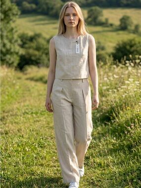 Commense Linen-Blend Wide-Leg Pants & Sleeveless Crop Top - Beige